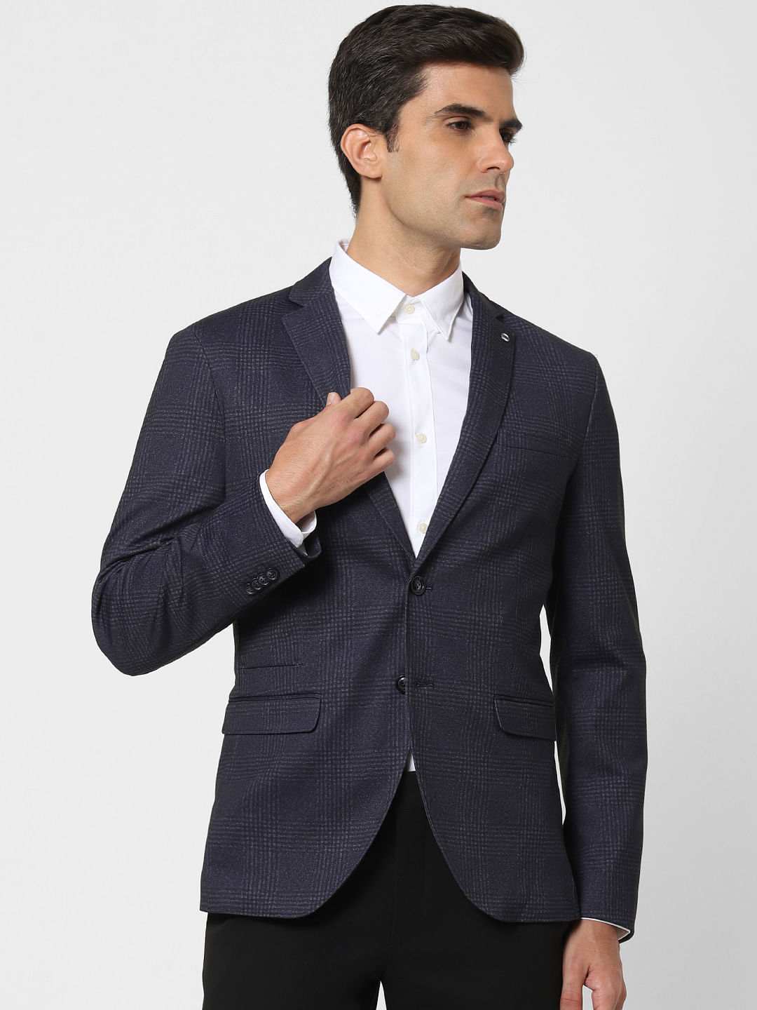 dark blue check blazer