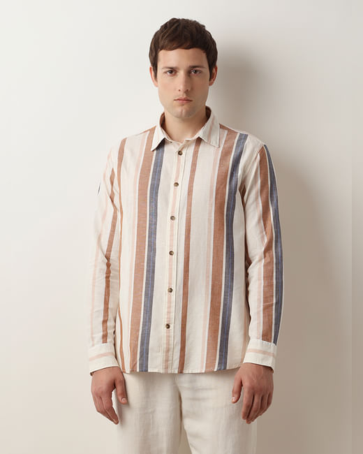 Beige Striped Linen Full Sleeves Shirt