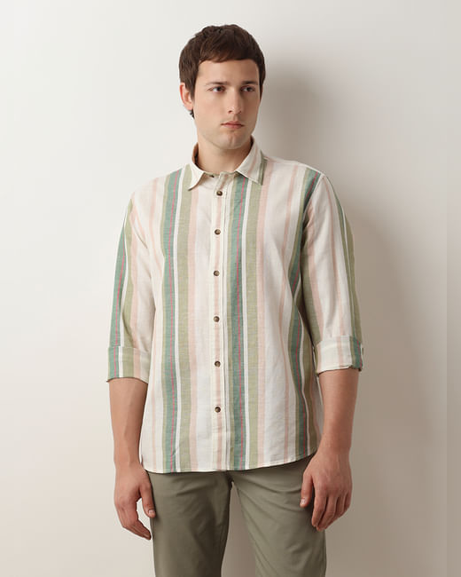 Green Striped Linen Full Sleeves Shirt