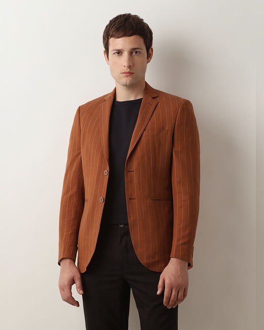 Brown Striped Casual Blazer