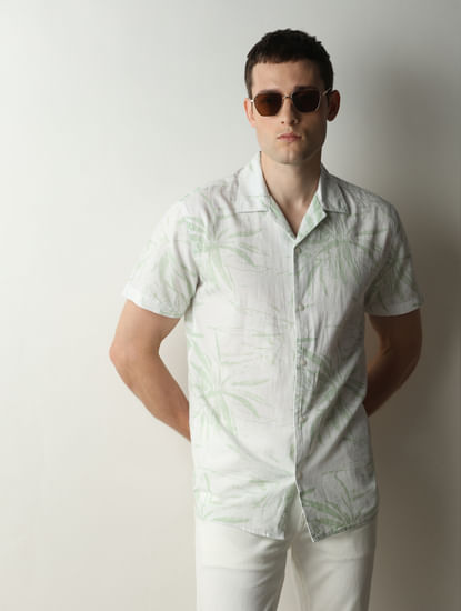 Green Printed Cuban Collar Short Sleeves Shirt