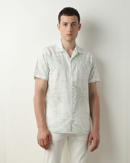 Green Printed Cuban Collar Short Sleeves Shirt