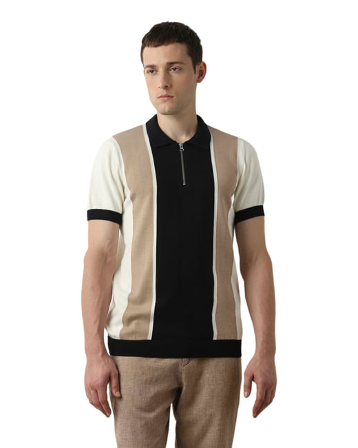 Beige Colourblocked Knitted Polo