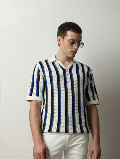 Beige Striped Knitted Polo T-shirt