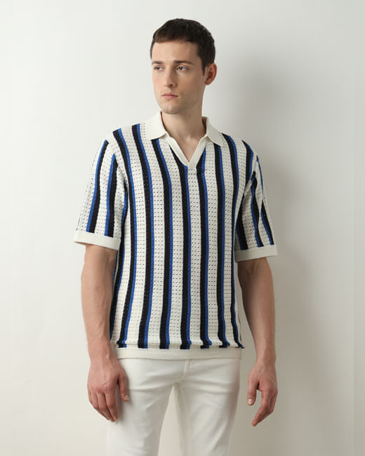Beige Striped Knitted Polo T-shirt