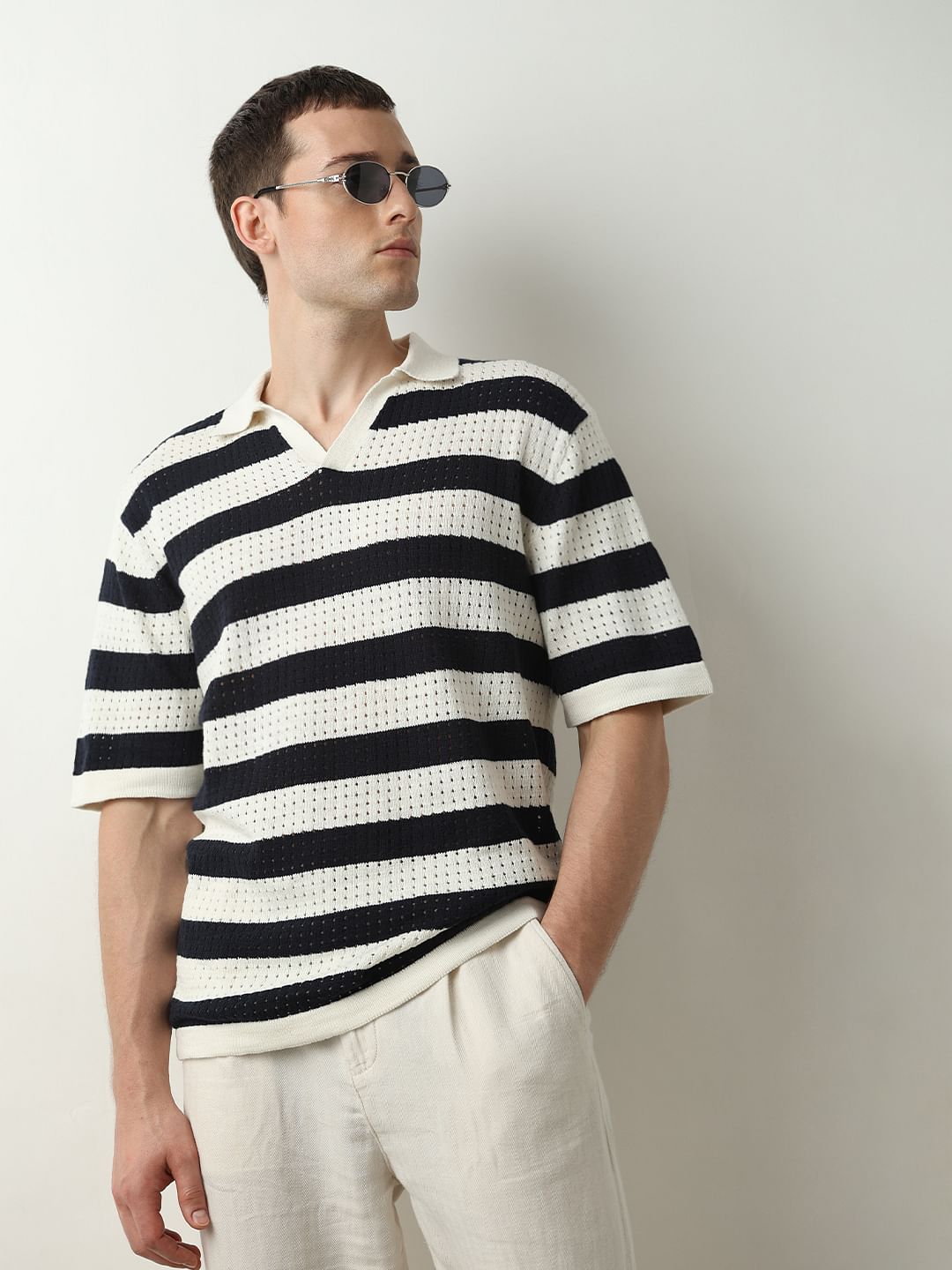 Black and white striped polo t shirt online