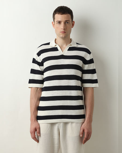 Black Striped Knitted Polo T-shirt