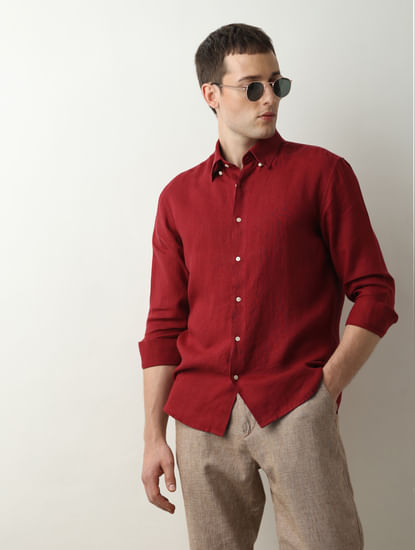 Dark Red Linen Full Sleeves Shirt