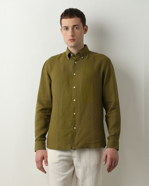 Dark Green Linen Full Sleeves Shirt