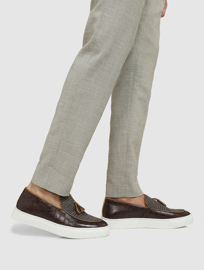 Brown Tweed Detail Leather Loafers