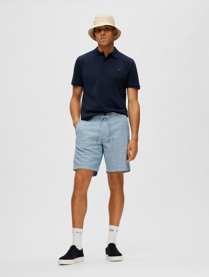 Blue Mid Rise Linen Shorts