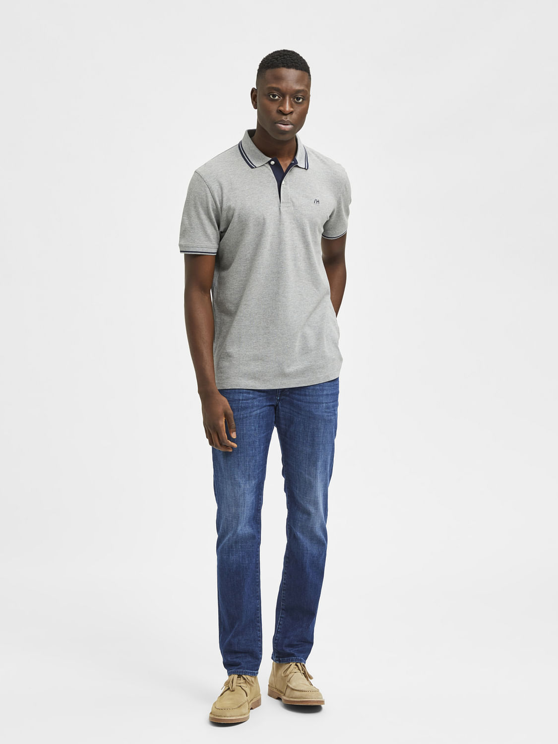 Grey polo with discount jeans