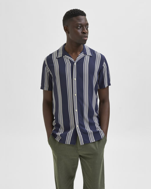Blue Striped Cuban Collar Short Sleeves Shirt
