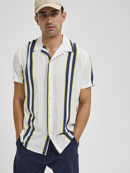 White Striped Cuban Collar Short Sleeves Shirt