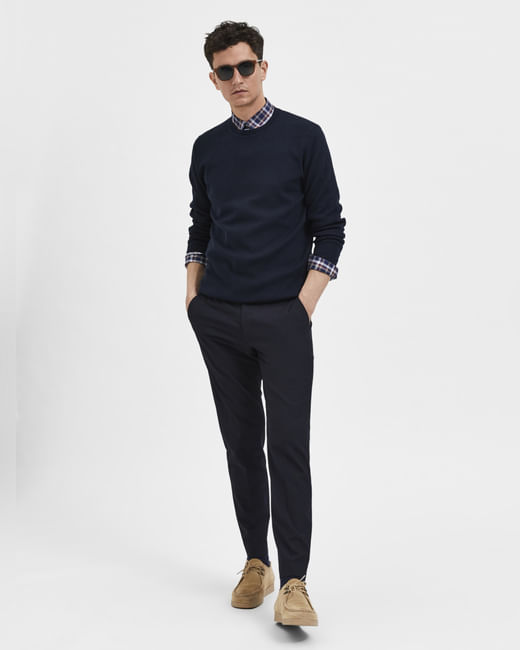 Navy Blue Mid Rise Tailored Trousers