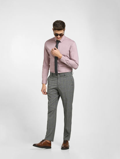 Grey Mid Rise Check Suit Trousers