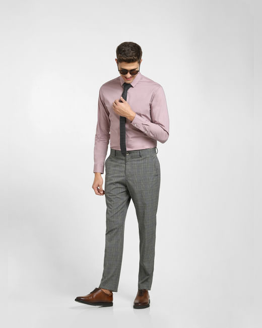 Grey Mid Rise Check Suit Trousers