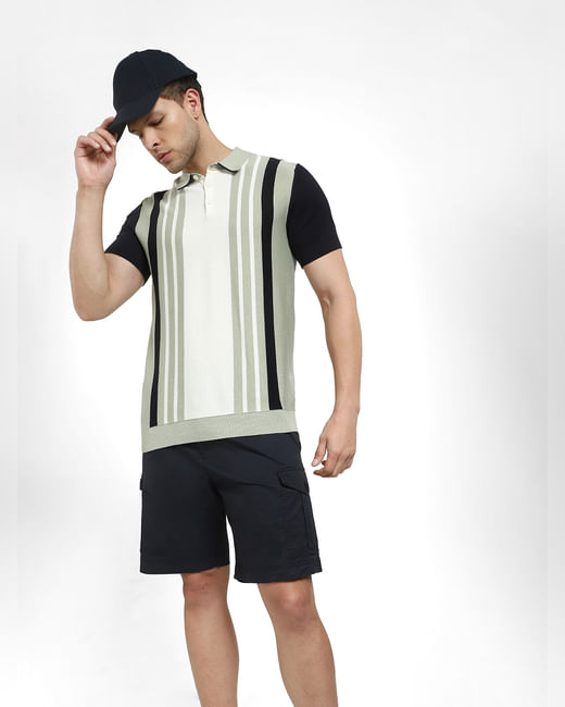 Grey Striped Knit Polo T-shirt