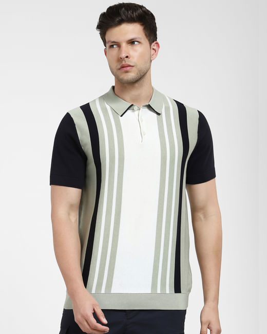 Grey Striped Knit Polo T-shirt
