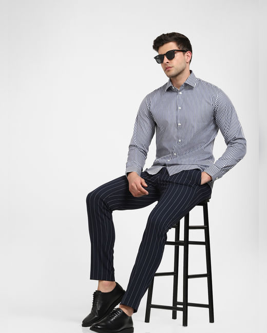 Navy Blue Mid Rise Striped Slim Trousers