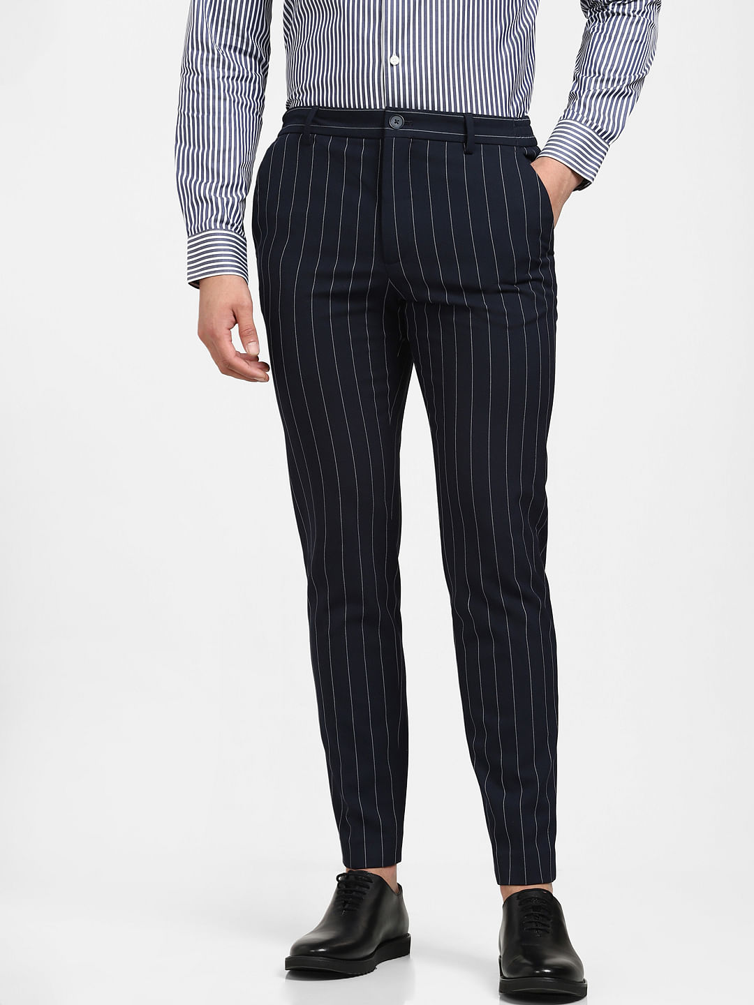 Buy BLACKBERRYS Navy Mens 4 Pocket Striped Formal Trousers | Shoppers Stop