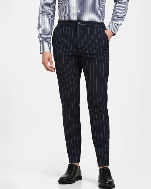 Navy Blue Mid Rise Striped Slim Trousers