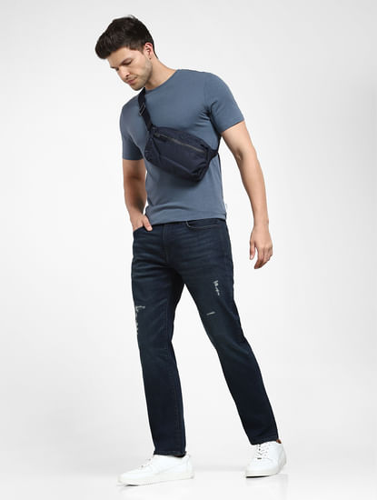 Dark Blue Mid Rise Distressed Straight Fit Jeans