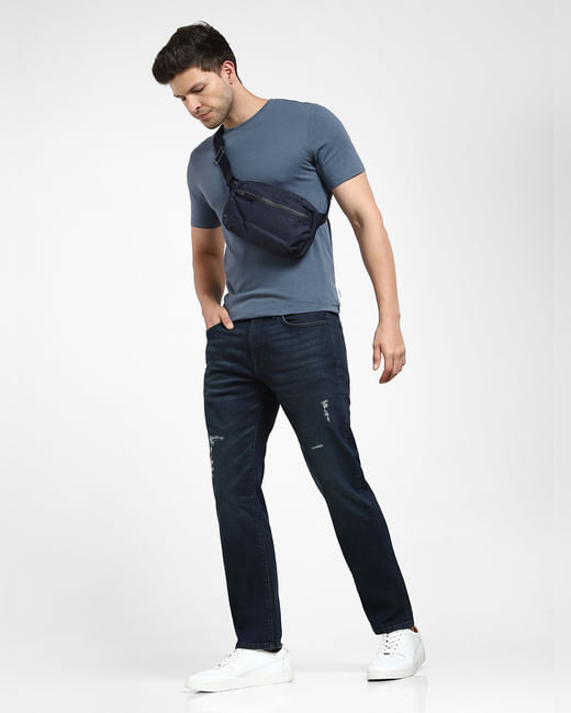 Dark Blue Mid Rise Distressed Straight Fit Jeans