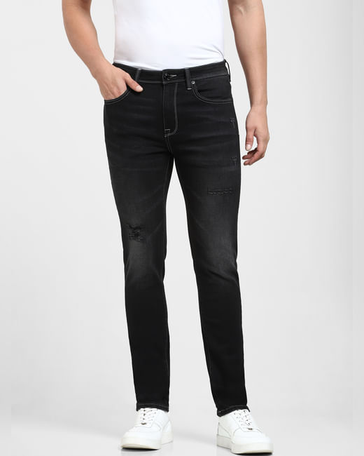Black Mid Rise Distressed Slim Fit Jeans