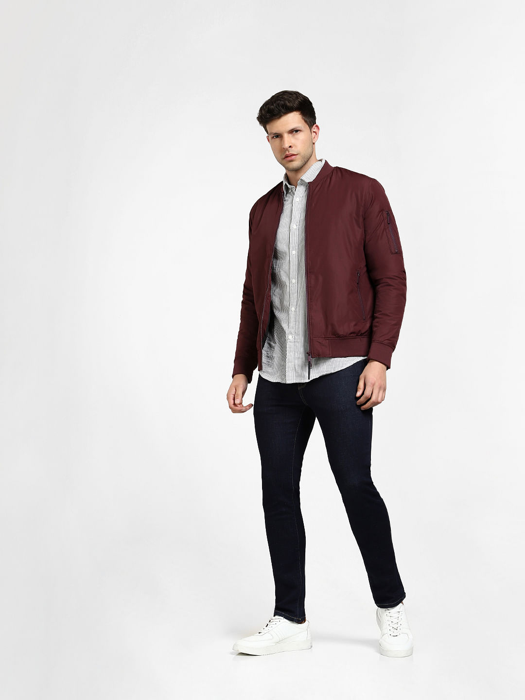 Burgundy bomber hotsell jacket outfit mens