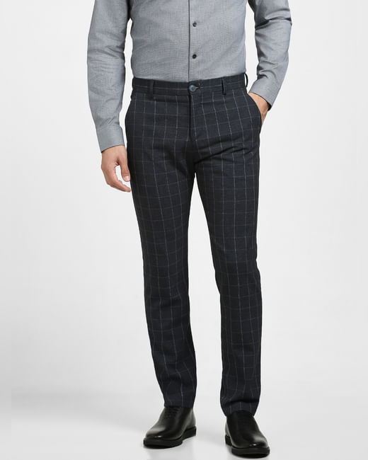 Navy Blue Linen Check Suit-Set Trousers