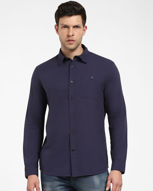 Dark Blue Striped Full Sleeves Shirt