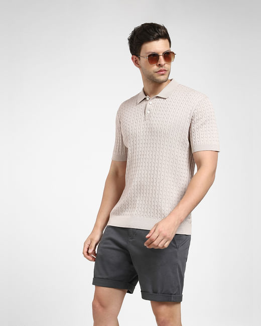 Beige Cable Knit Polo T-shirt