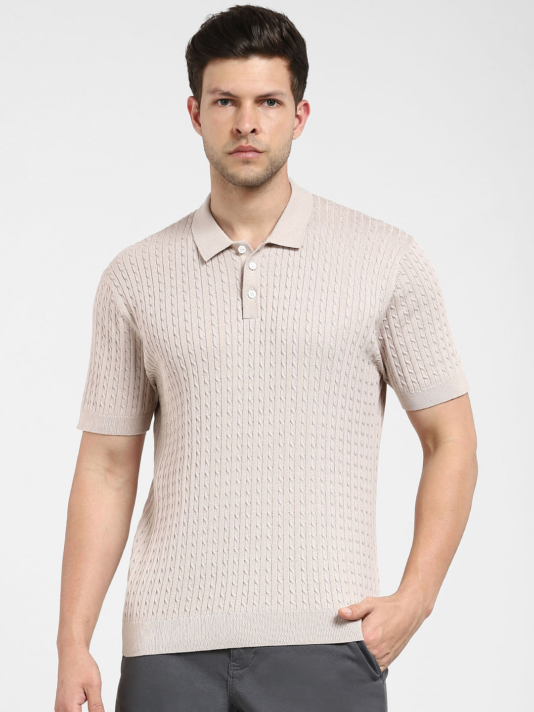 Buy Beige Cable Knit Polo T shirt for Men at Selected Homme