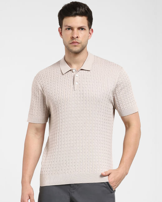 Beige Cable Knit Polo T-shirt