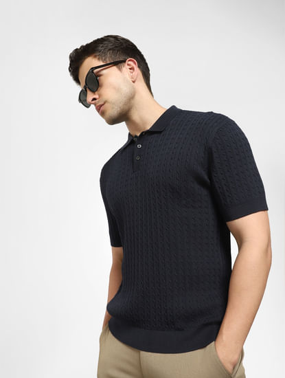 Navy Blue Cable Knit Polo T-shirt