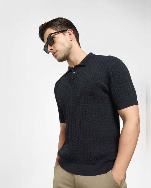 Navy Blue Cable Knit Polo T-shirt