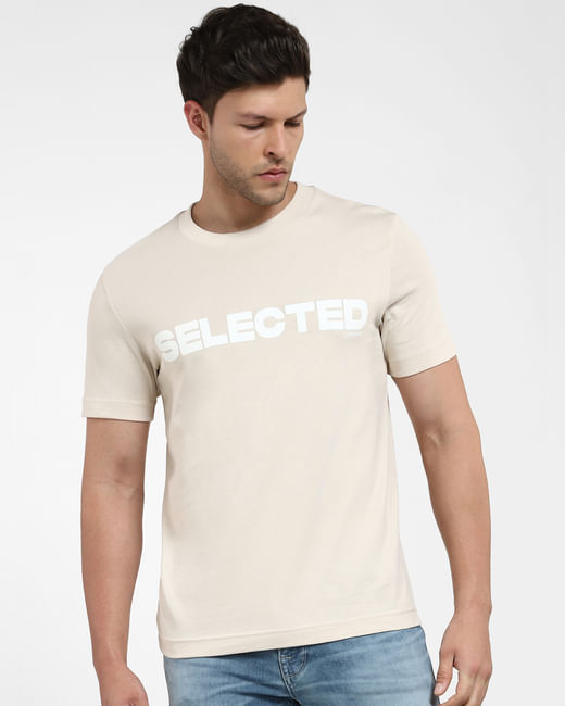 Beige Logo Print crew Neck T-shirt
