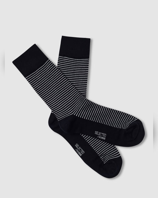 Navy Blue Striped Mid Length Socks