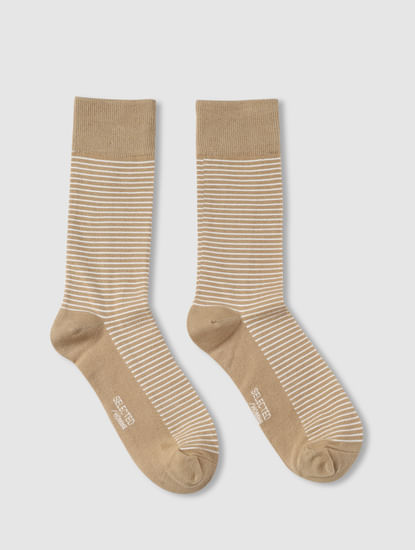 Beige Striped Mid Length Socks
