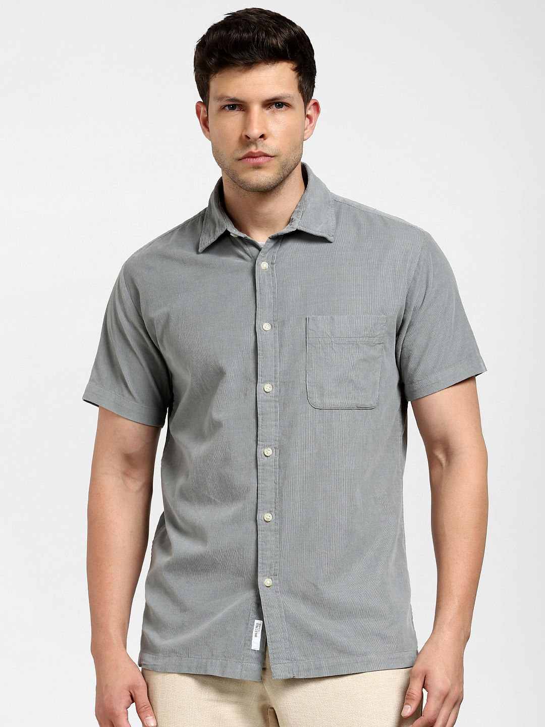 Mens gray short hot sale sleeve dress shirts