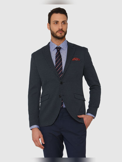 Navy Blue Dotted Double Button Slim Fit Blazer
