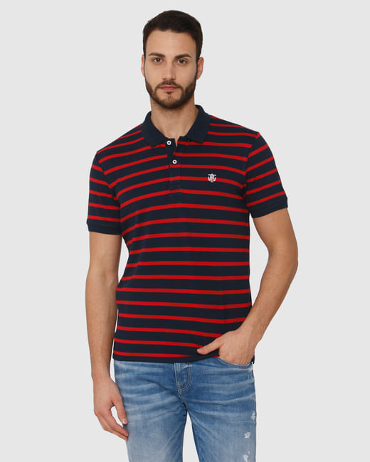 Blue Striped Polo Neck T-Shirt