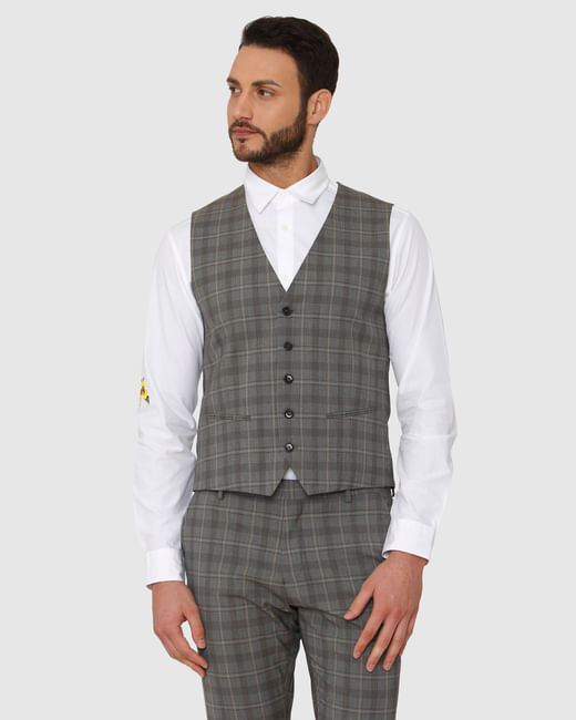 Grey Checks Slim Fit Waistcoat