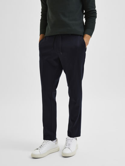 Navy Blue Mid Rise Striped Trousers