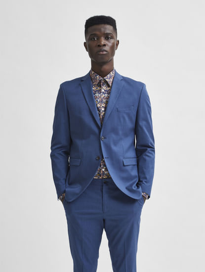 Blue Solid Slim Fit Suit Blazer