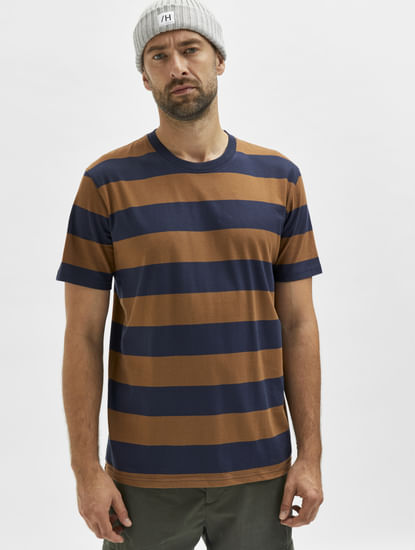 Brown Striped Crew Neck T-shirt