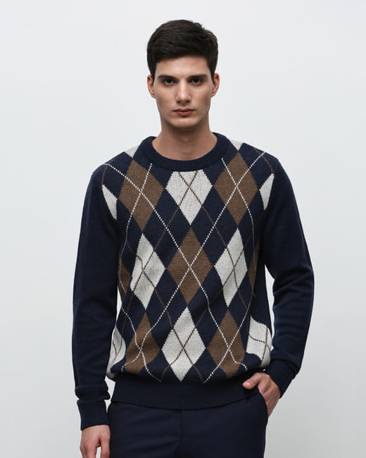 Blue Knitted Argyle Pullover