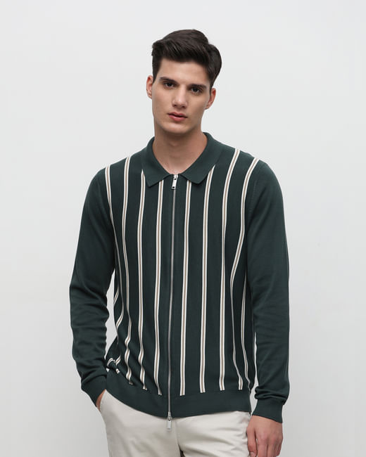 Green Striped Zipped Cardigan
