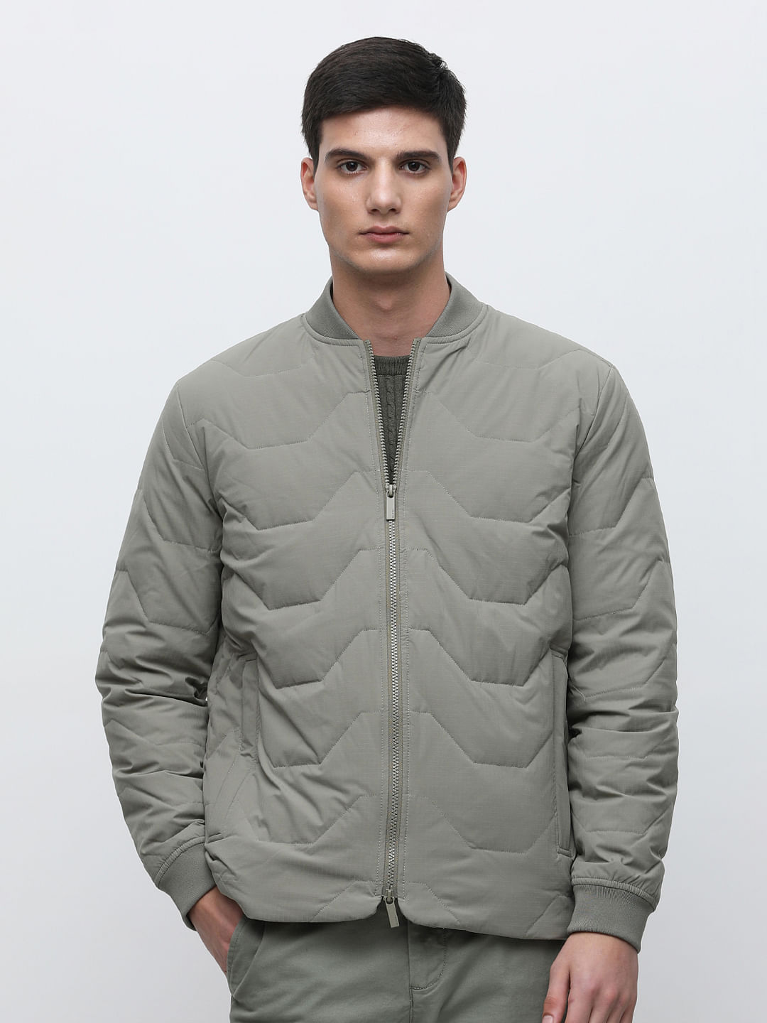 Buy GREEN QUILTED REDOWN BOMBER JACKET For Men Online At SELECTED HOMME   127059202 G1 